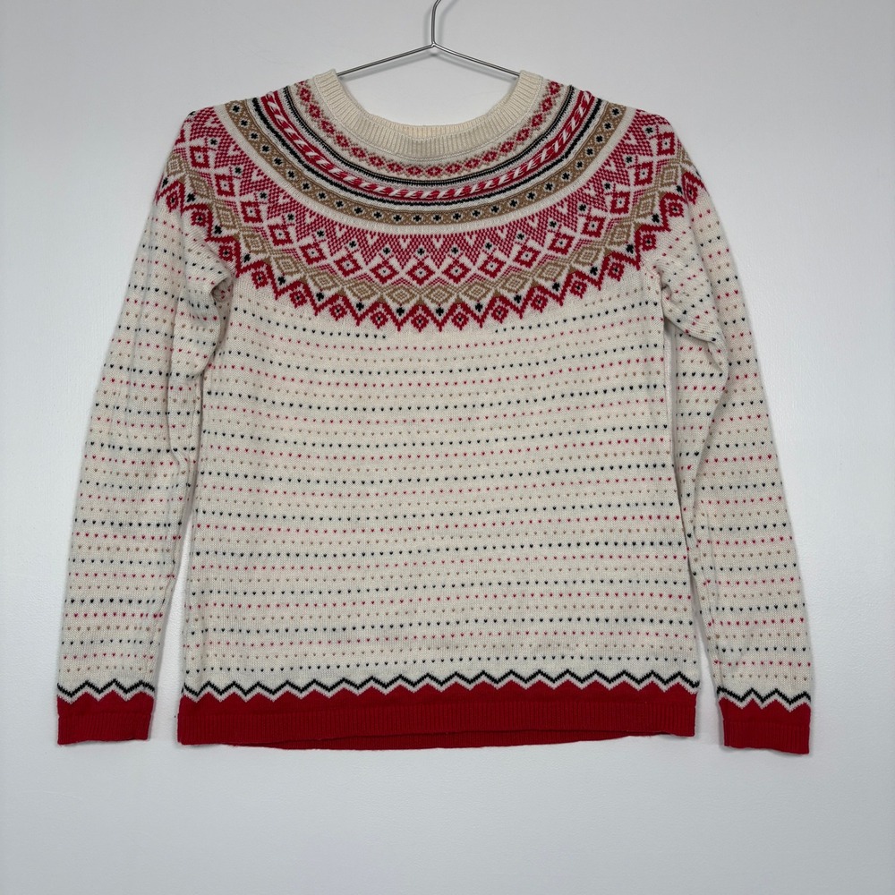 Talbots Womens‎ Sweater Size S Ivory Red Fair Isle Lambs Wool Blend Pullover
